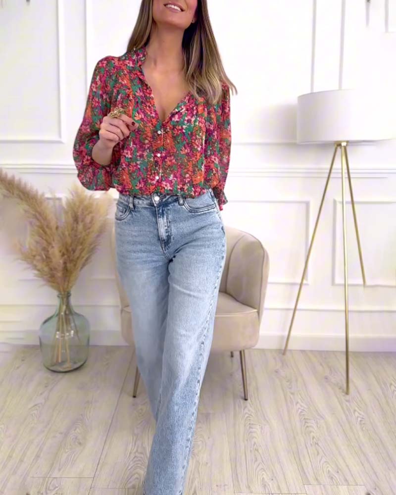 Puff-sleeve printed button-down shirt