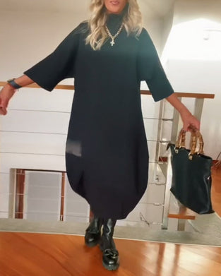 Solid color loose high collar casual dress