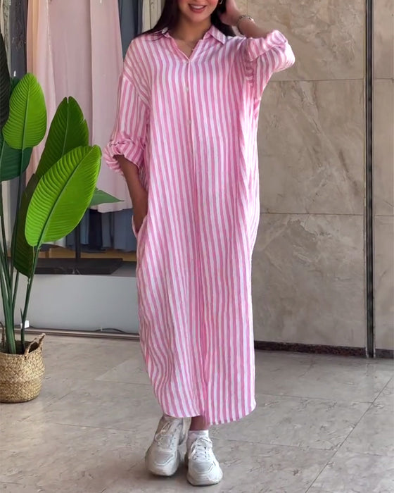 Loose Lapel Striped Dress