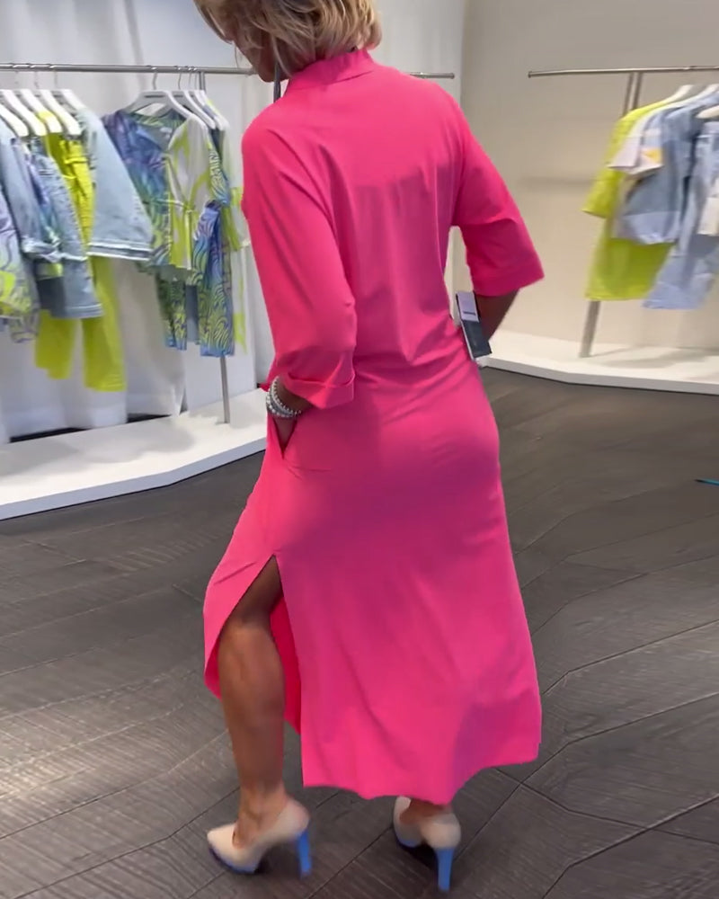 Slit V-neck solid color dress