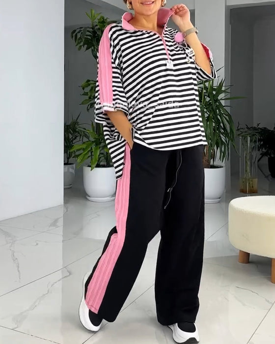Striped Print Loose Pants Suit