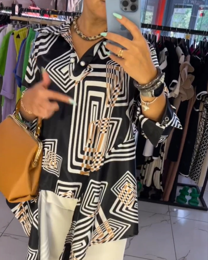 Geometric print lapel top