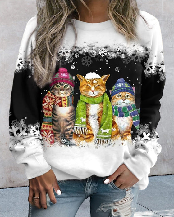 Cat print round neck sweatshirt
