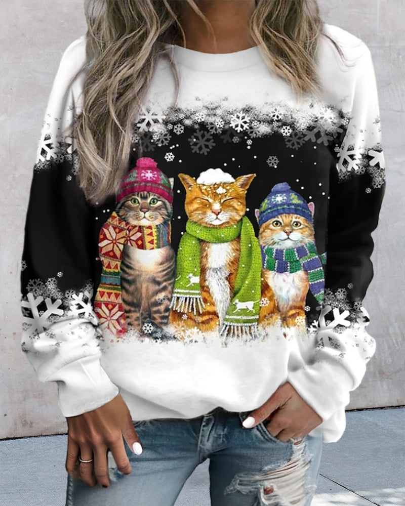 Cat print round neck sweatshirt