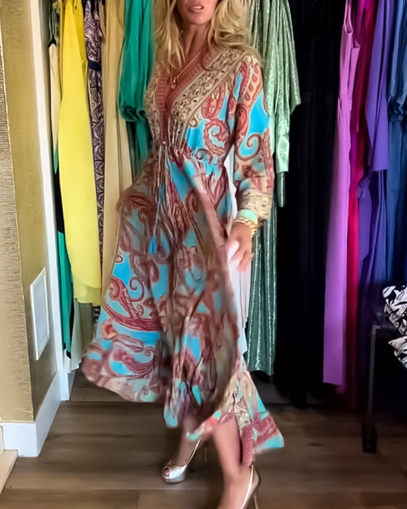 Fashion print long sleeve long dress