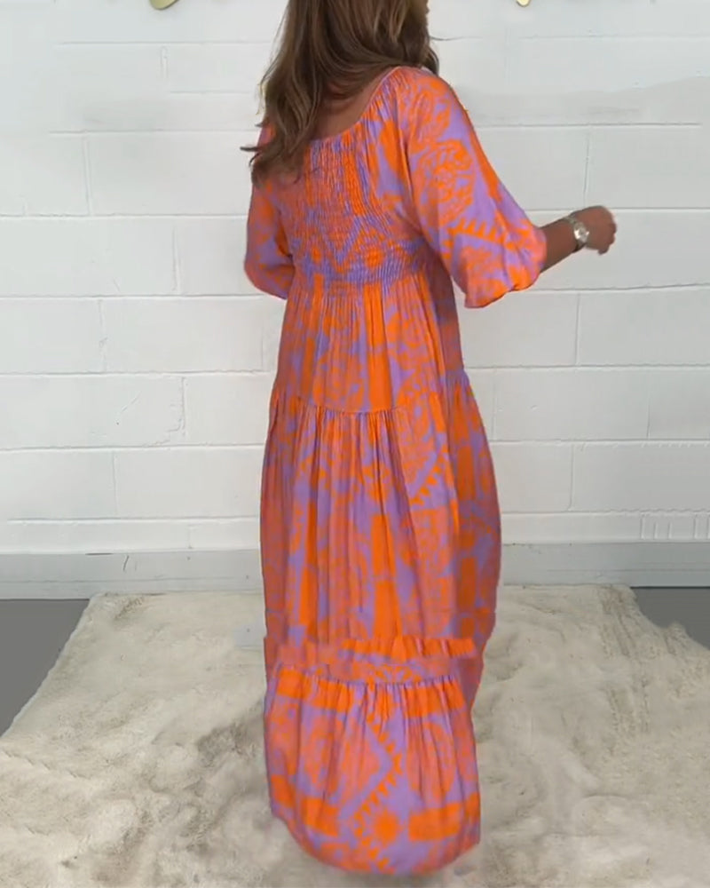 Square neck print half sleeve dress