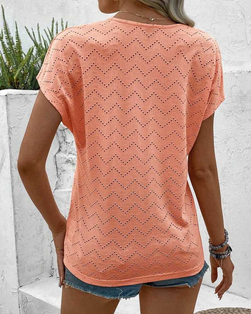 V-Neck Cut-Out Solid Color T-Shirt