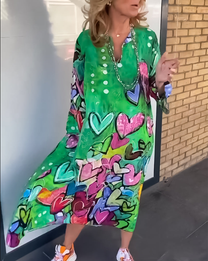 V neck heart print long sleeve dress