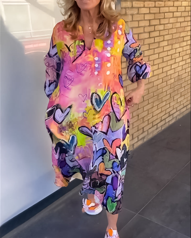 V neck heart print long sleeve dress
