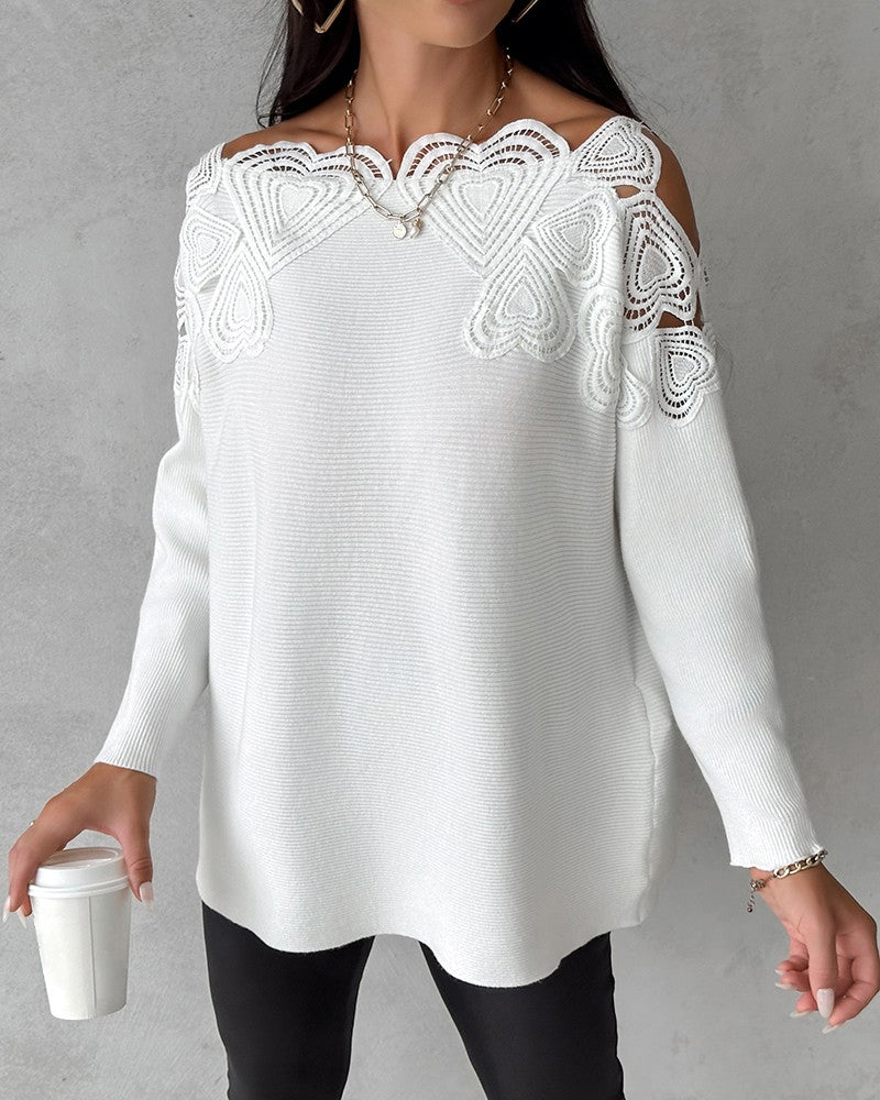 Lace patchwork solid color sweater