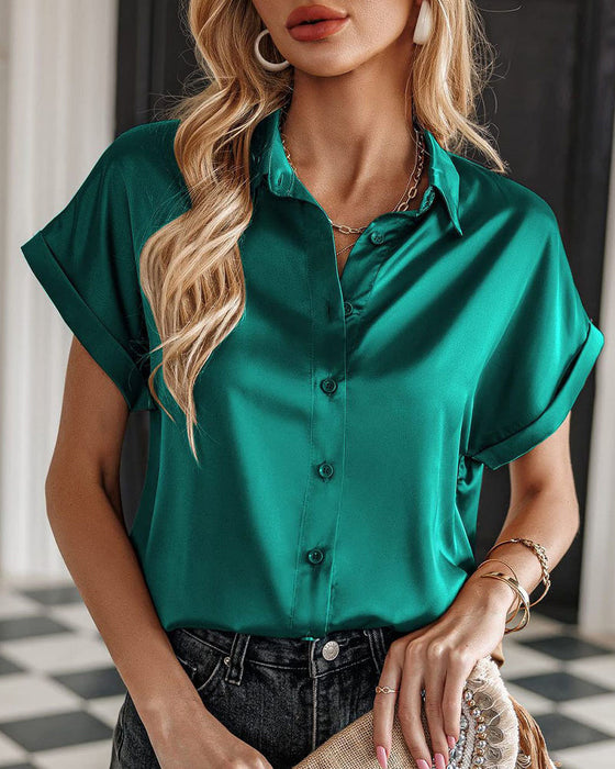 Short Sleeve Button Satin Blouse