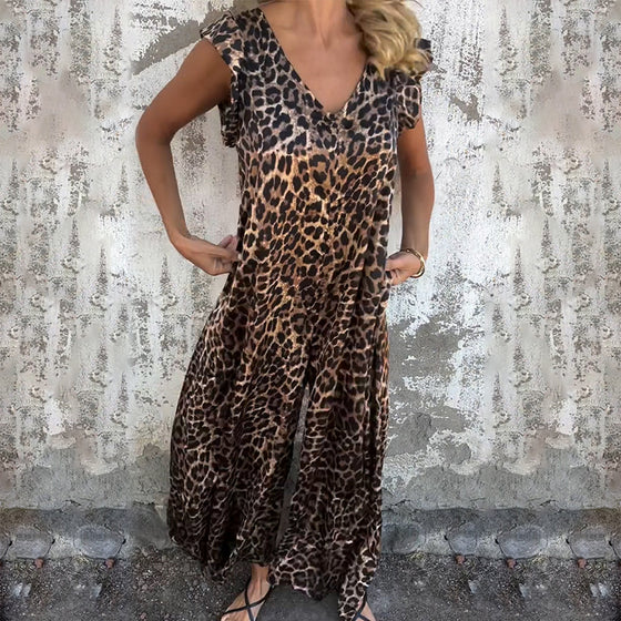 Elegant leaf print deep V puff sleeve A-line dress