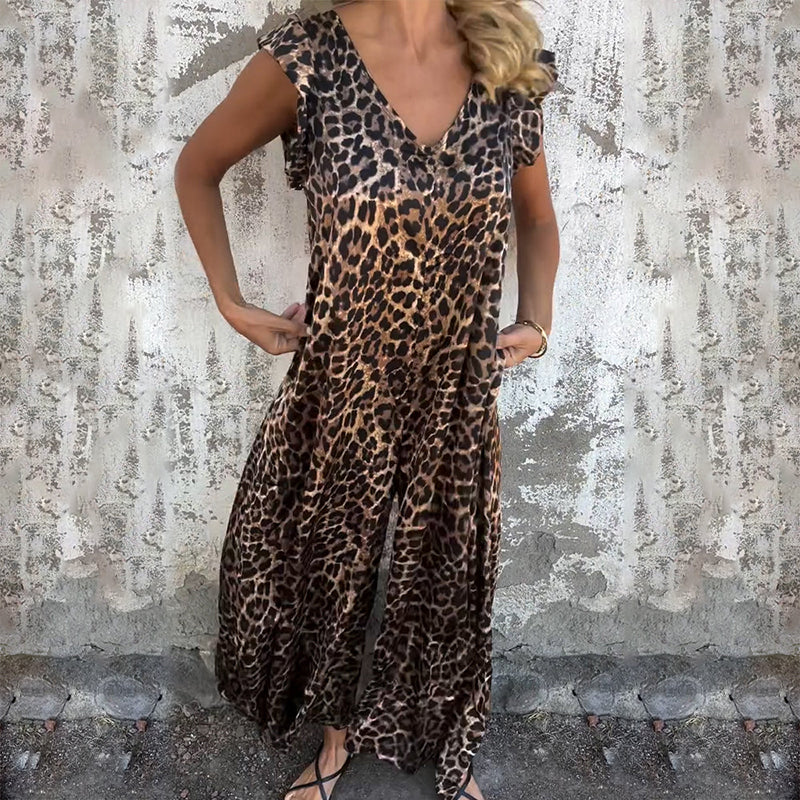 Elegant leaf print deep V puff sleeve A-line dress