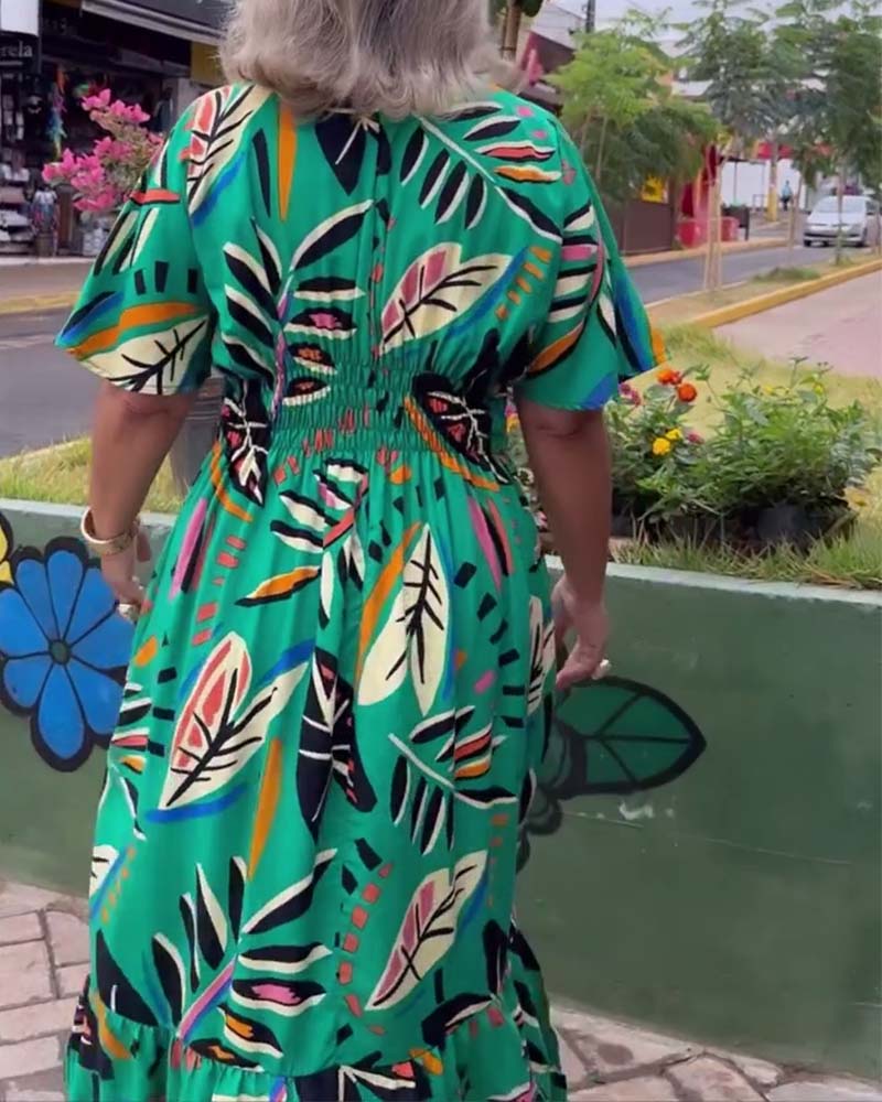 Leaf print V-neck patchwork long dress