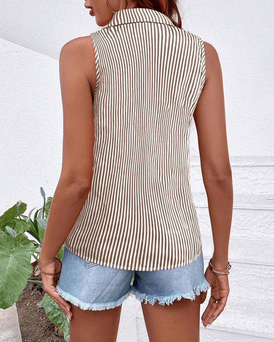 Sleeveless Lapel Striped Tank Top