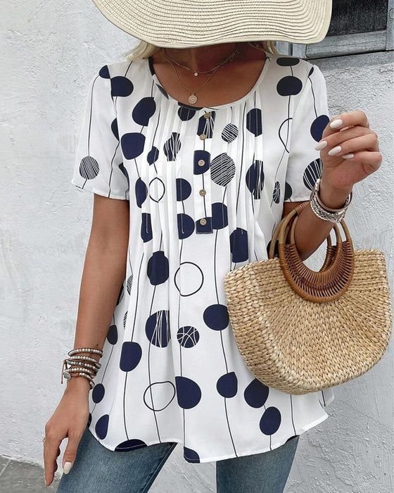Round Neck Short Sleeve Printed Blouse