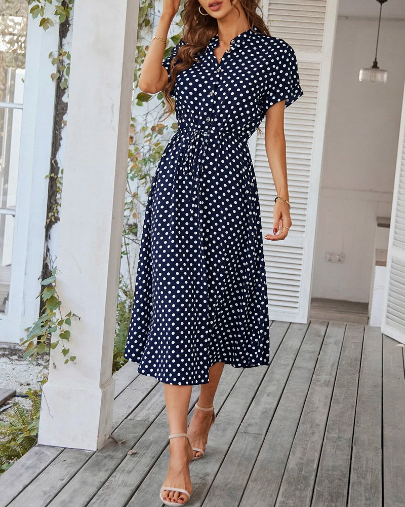 Polka Dot Drawstring Button Dress