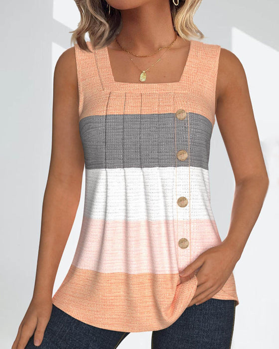 Striped button pleated tank top