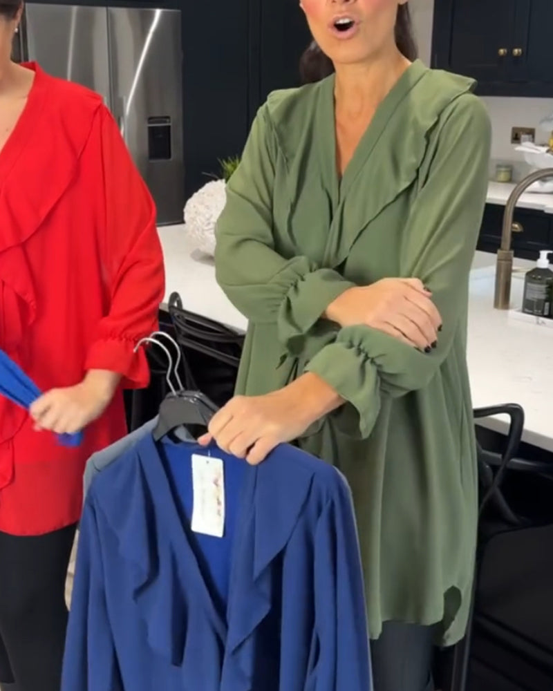 Lotus leaf v-neck solid color blouse