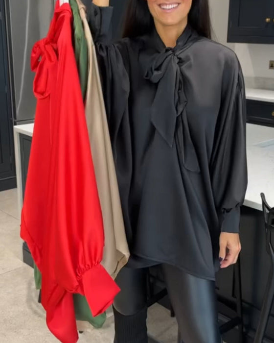 Ribbon collar solid color and elegant blouse