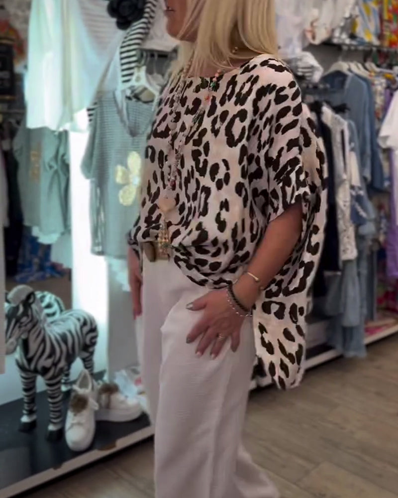 Round Neck Leopard Print Loose Blouse