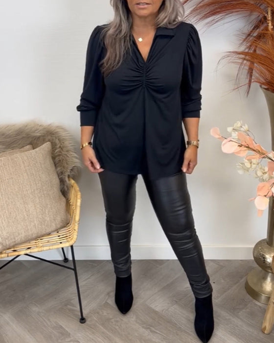 V-neck pleated long-sleeved blouse