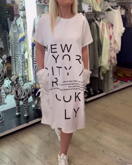 Loose Short Sleeve Printed Big Pocket Dress