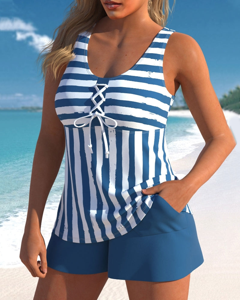 Striped conservative tankini swimsuit