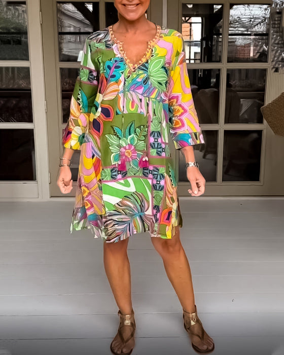 Flower and grass print casual dress