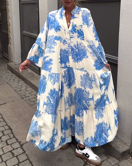 Loose printed V-neck bell sleeve patchwork dress