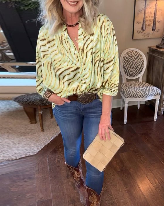 V-neck printed button down casual blouse