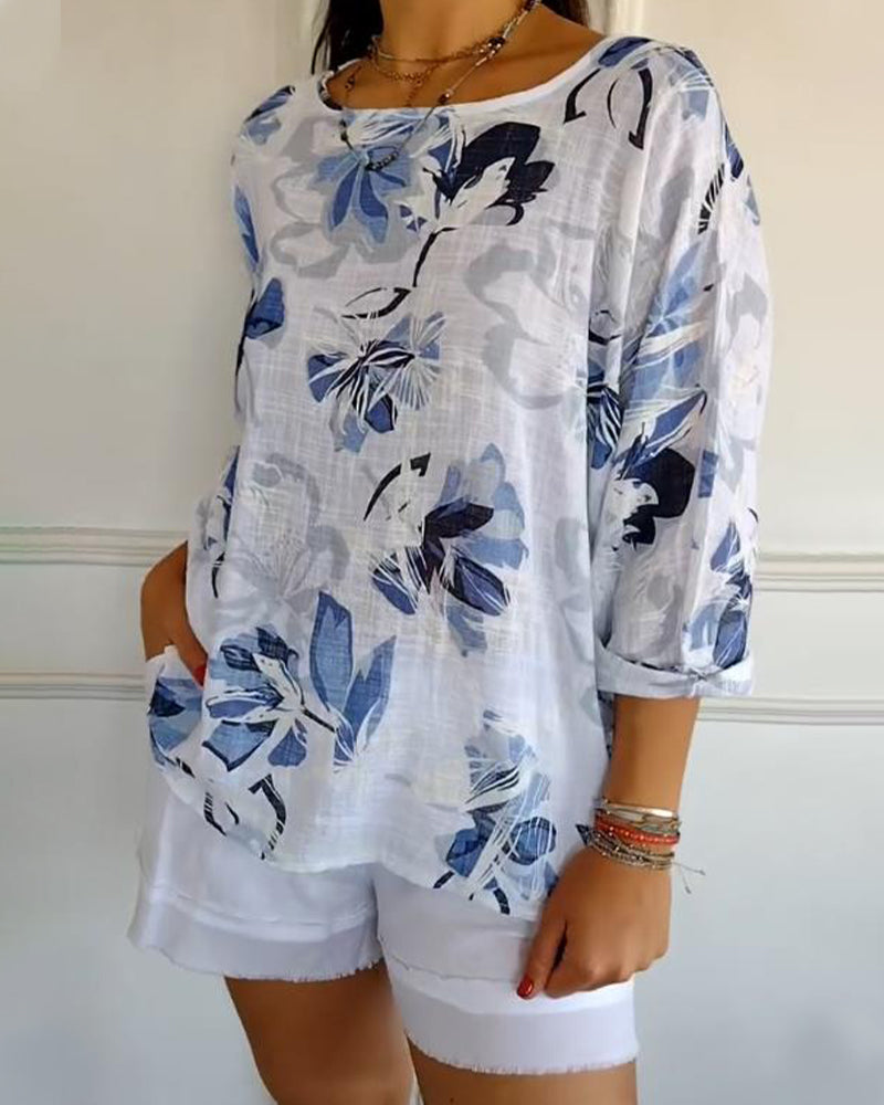 Round Neck Long Sleeve Printed Blouse