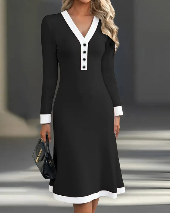 Long Sleeve Contrast Color Elegant Dress