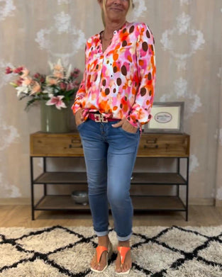 Colorful printed V-neck long-sleeve fashion blouse