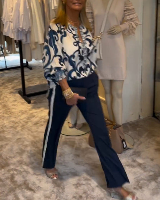 Retro pattern print lantern sleeve blouse