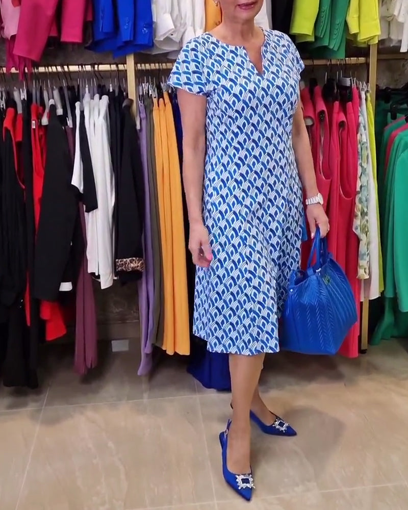 Printed V-neck short-sleeve elegant dress