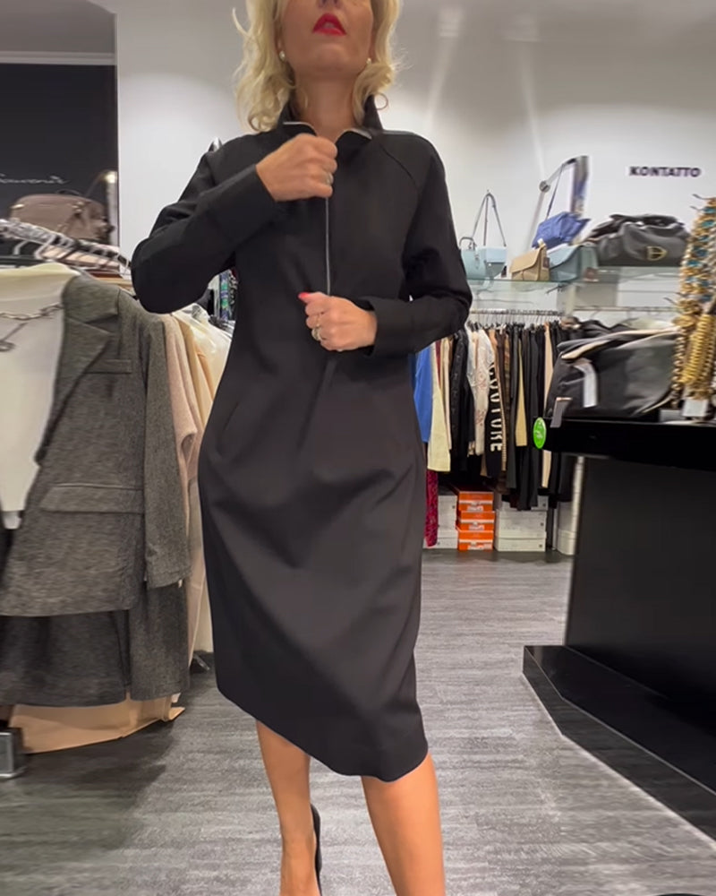 Solid color stand collar zipper dress