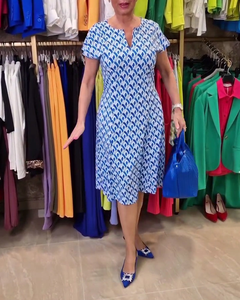 Printed V-neck short-sleeve elegant dress