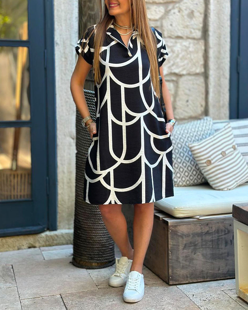 Lapel line printed short-sleeved midi dress