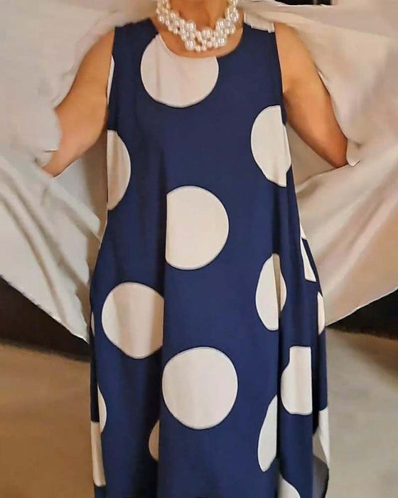 Large polka dot print casual sleeveless dress