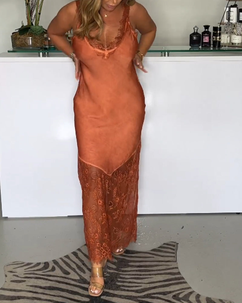 Solid color lace suspender dress