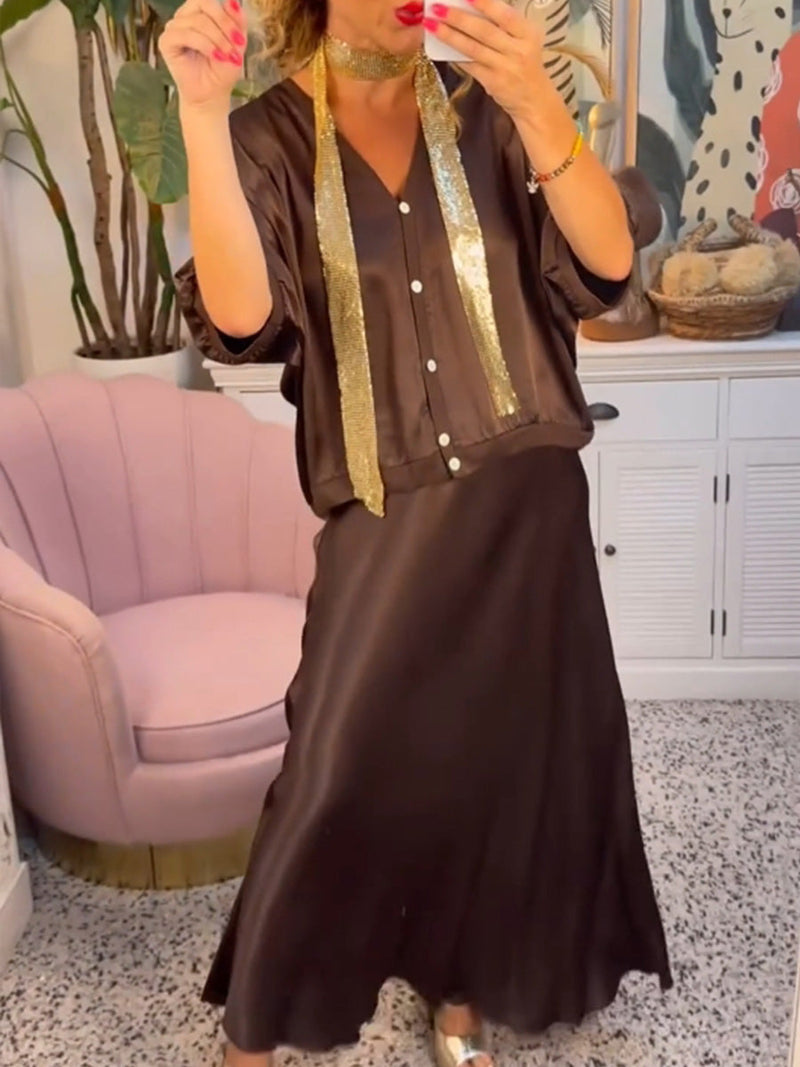 Casual solid color button V-neck skirt set