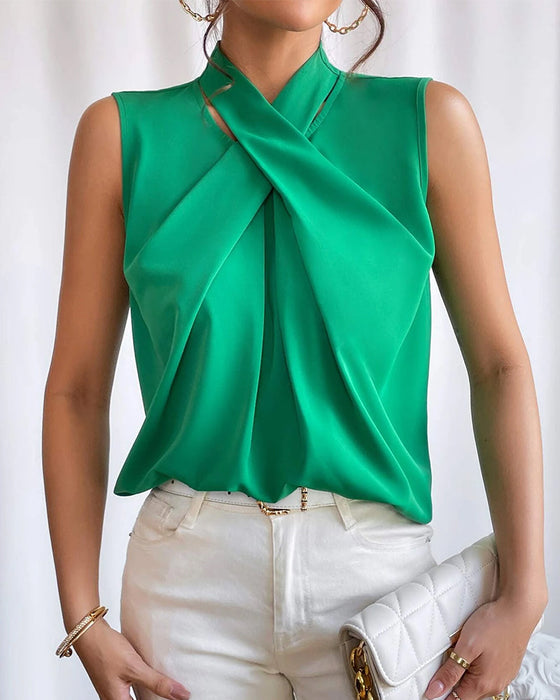 Cross Neck Solid Color Pleated Top