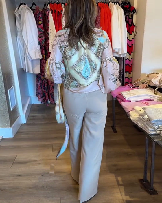 Retro printed lantern sleeve elegant shirt