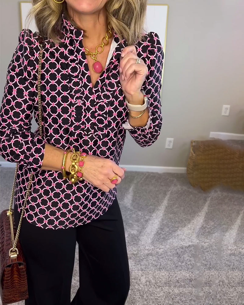 Geometric print stand collar slim fit fashion top