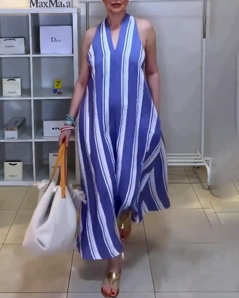 Striped print halter neck sleeveless dress