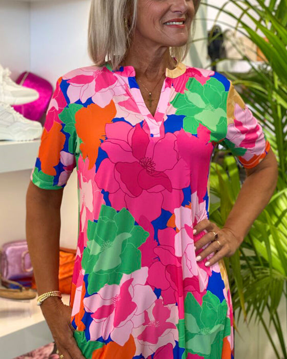 V-Neck Short Sleeve Floral Dress