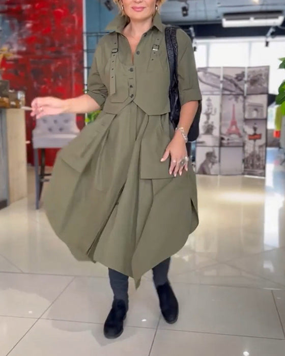 Lapel casual pocket solid color dress