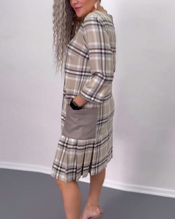 Plaid print patchwork pocket casual dress