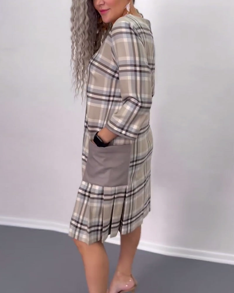 Plaid print patchwork pocket casual dress
